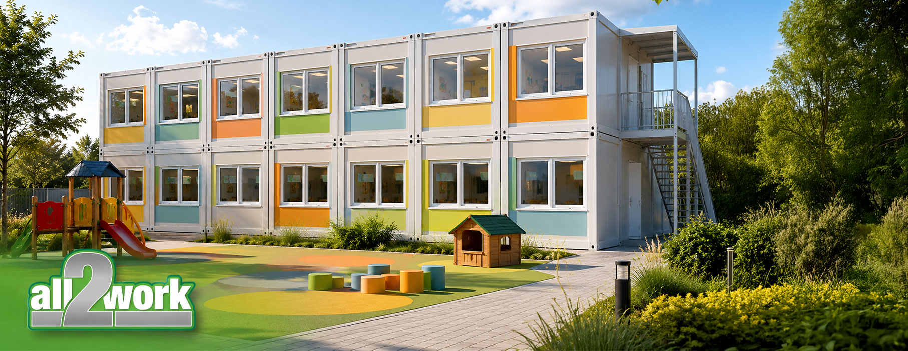 Moderner zweistöckiger Kindergarten-Container mit Spielplatz von all2work