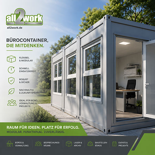 Moderner Bürocontainer von all2work als flexible und schnell verfügbare Raumlösung