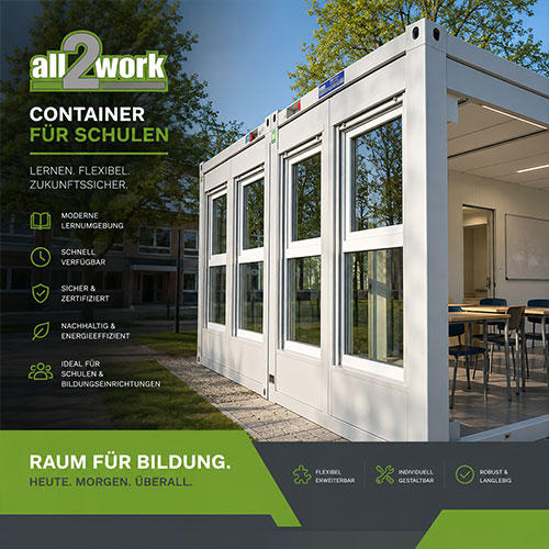Moderne Container für Schulen von all2work als flexible und schnell verfügbare Unterrichtsräume