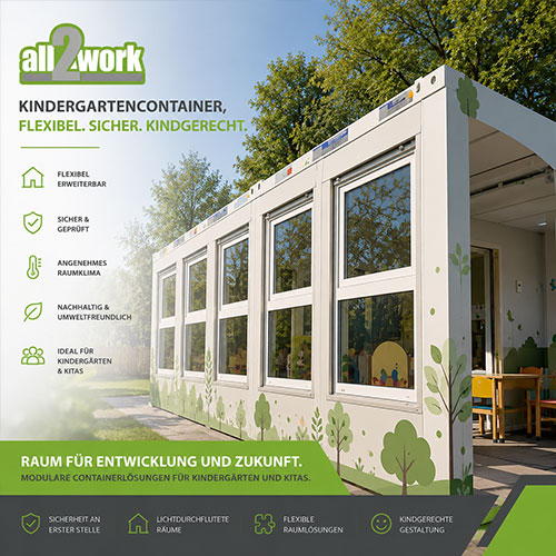 Kindgerechter Kindergartencontainer von all2work als flexible und sichere Raumlösung