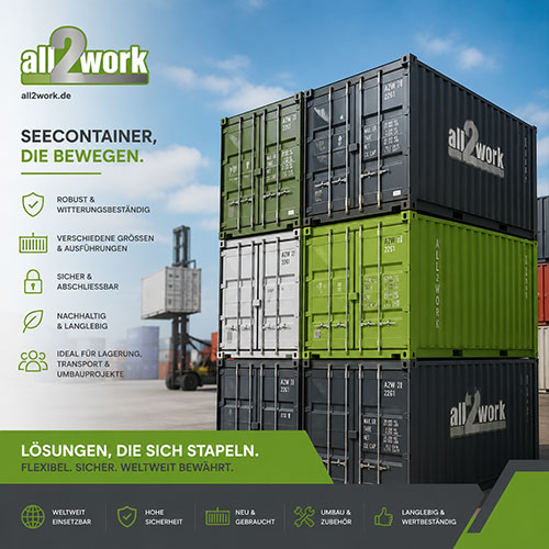 Robuste Seecontainer von all2work für Lagerung, Transport und flexible Raumlösungen
