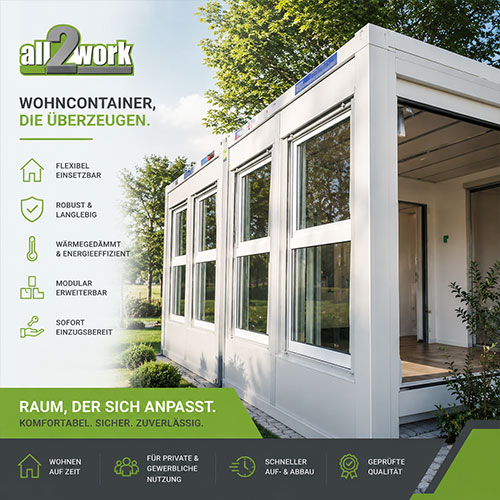 Moderner Wohncontainer von all2work als flexible und komfortable Wohnraumlösung